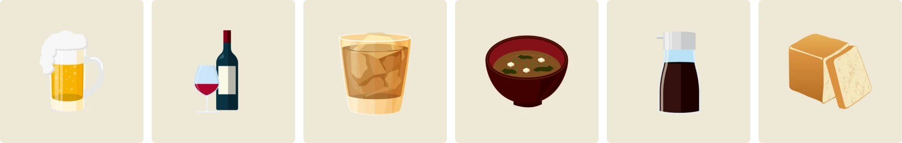 Illustration of beer, wine, whiskey, miso soup, soy sauce, and bread