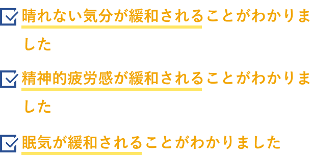 晴れない気分が緩和されることがわかりました 精神的疲労感が緩和されることがわかりました 眠気が緩和されることがわかりました